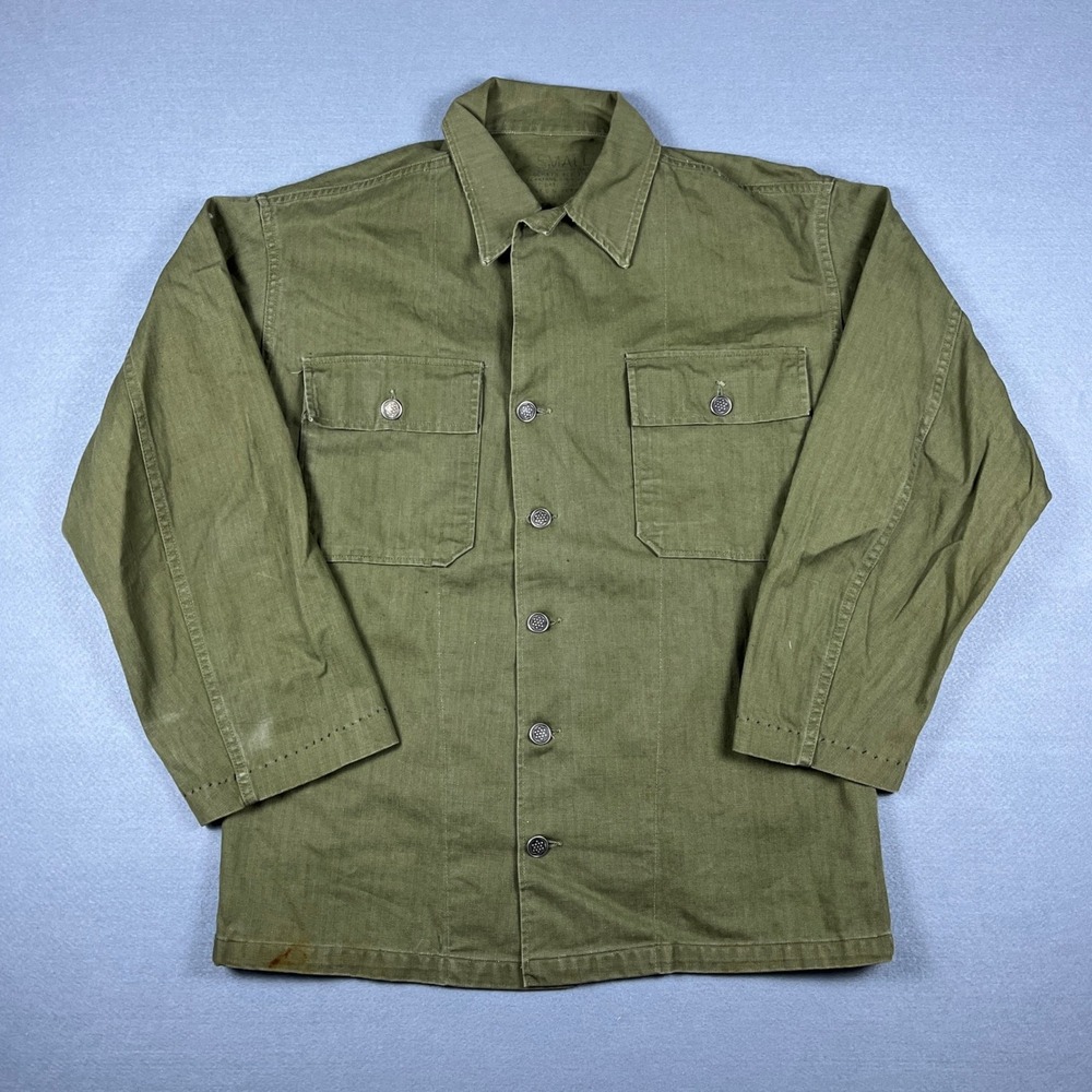 Vintage US Army 1940s WWII HBT 13 Star Button Field Jacket Olive Drab Small